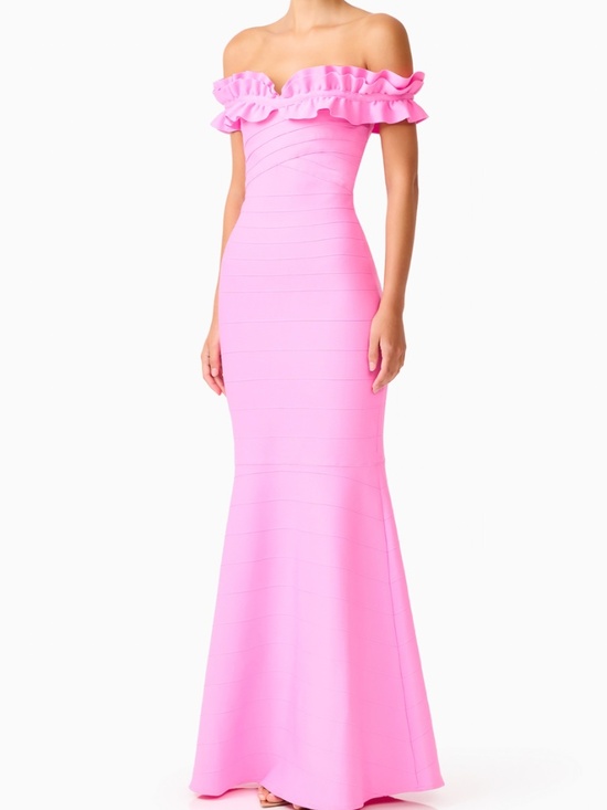 Elliatt Dresses & Skirts - ELLIATT Orelia Candy Pink Knit Ruffle Off The Shoulder Maxi Dress Gown - SMALL